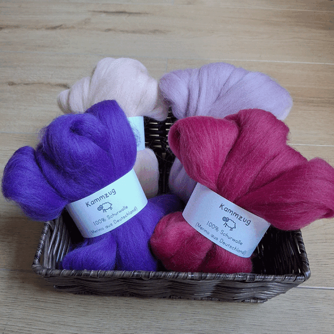 Kammzug Set gelb rosa lila deutsche Merinowolle Yuniku